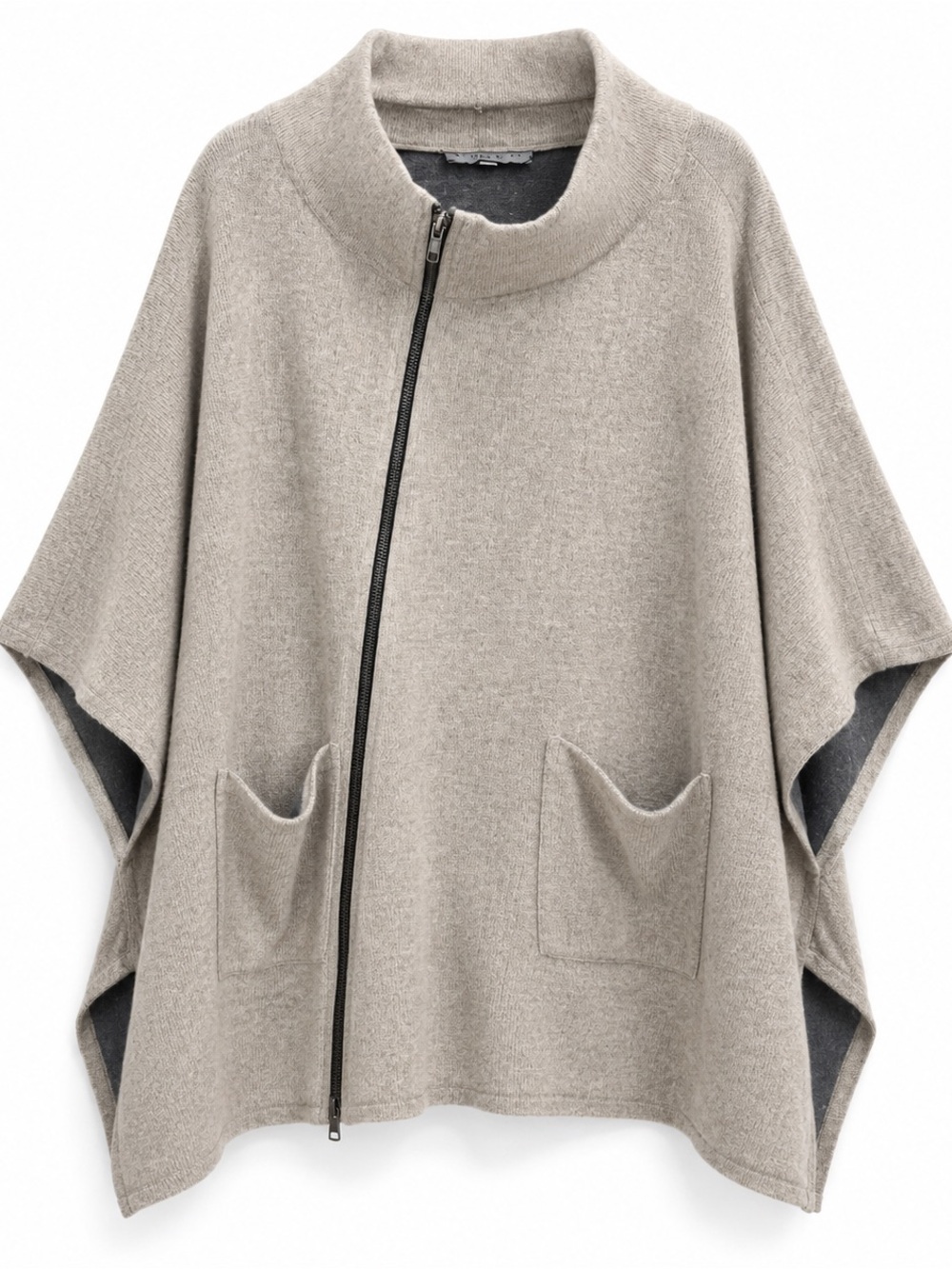 Bryn Walker XL Poncho Jacket Made USA Wool Blend Asymmetrical Zip Taupe Cape